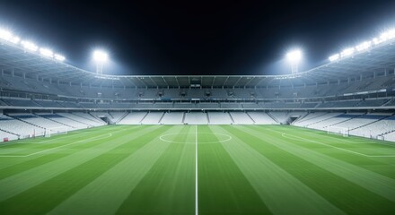 Illuminated empty stadium field at night with bright floodlights