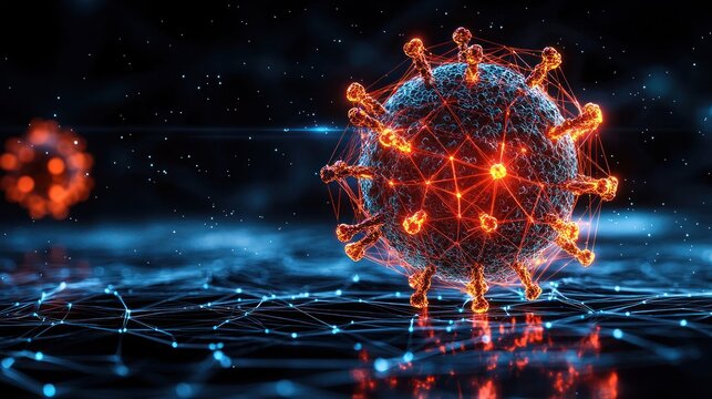 Rendering of virus cell with red glow, networked on blue connected surface
