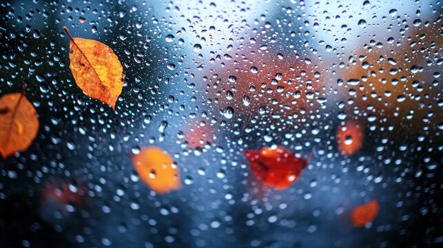 Raindrops on glass with blurred autumn leaves in background; warm & cool colors