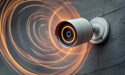 Modern white surveillance camera mounted on a textured grey wall with glowing orange concentric circles emanating from its lens representing data or signal transmission for security monitoring - Powered by Adobe