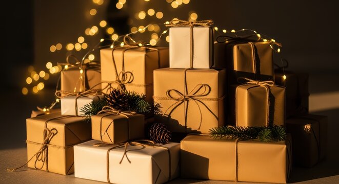 Festive holiday gift boxes with pine cones and string lights