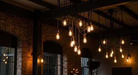 Industrial loft interior with hanging edison bulbs illuminating exposed brick walls