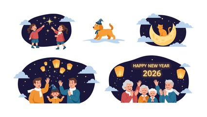 New Year Celebration: Set of illustration to celebrate new year. Featuring happy family celebrating with lanterns, children playing with the stars, dog in snowy day and cat in moon.
