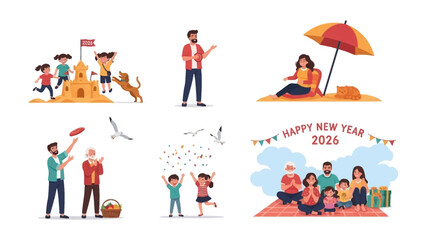 Happy New Year Family Scene at Beach: Families, full of joy, are captured in various beach settings, marking the celebration of the new year, filled with festivities and merriment.