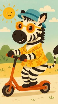 Whimsical zebra in a floral shirt and hat rides a scooter under a sunny sky. Low-angle view captures playful charm, ideal for a children's video theme. Live mobile wallpaper.