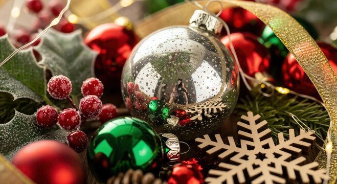 Festive Christmas decorations close-up with shiny red, green, and silver baubles, frosted holly, red berries, a wooden snowflake, and sparkling fairy lights.