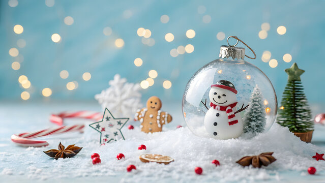 A whimsical christmas scene featuring a snowman in a glass ornament, surrounded by festive decorations like cookies, candy canes, and snowflakes on a light blue backdrop