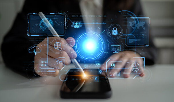 A futuristic command center interface for managing a global technology platform. The dashboard includes data security, network administration, and biometric user authentication. Fermion - Powered by Adobe