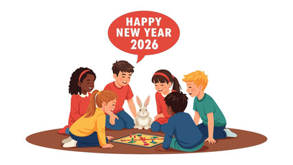 New Year Celebration: A group of children gather around a board game, surrounded by festive spirit and anticipation of the year to come. Featuring a cheerful illustration of unity and joy.