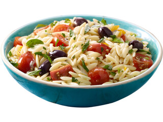 Fresh pasta salad with vegetables and herbs in a bowl isolated on transparent background, symbolizing healthy eating and freshness.