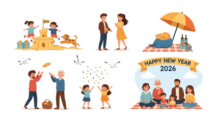 Family Time: Family members enjoy various activities such as playing at the beach, interacting, having picnics, celebrating, and getting ready for the new year. Capturing moments of love and bonding.
