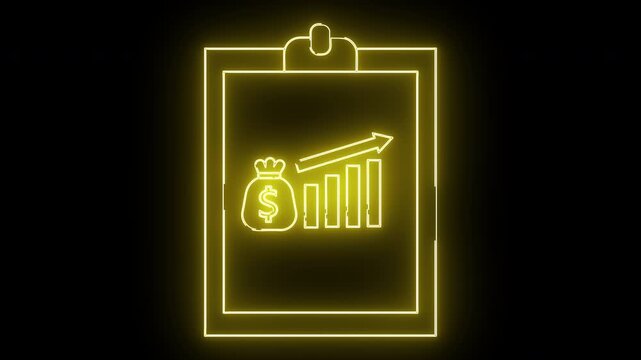 Yellow neon clipboard with money bag bars and arrow on black