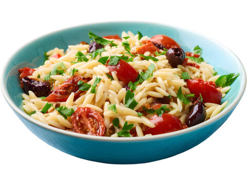 Fresh pasta salad with vegetables and herbs in a bowl isolated on transparent background, symbolizing healthy eating and freshness.