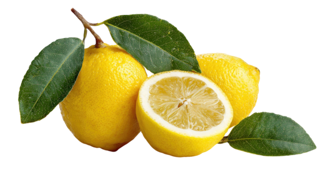 Yellow lemons, one cut, with green leaves on black background