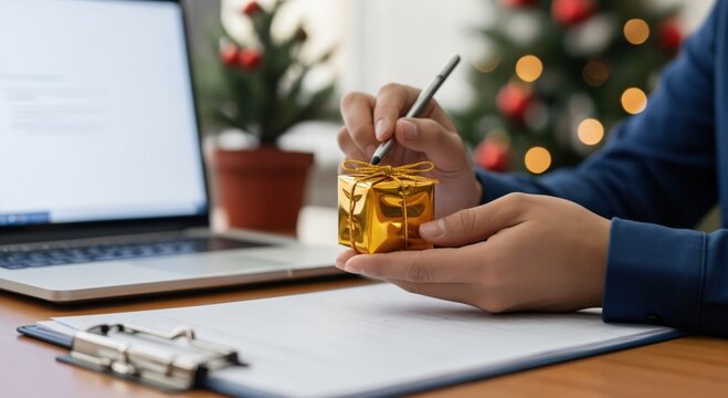 Close-up of hands holding a small golden Christmas gift box and a pen, preparing for holiday season at a desk with a laptop and festive background. - Powered by Adobe