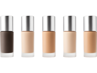 Collection of liquid foundation cosmetic bottles isolated on transparent background, symbolizing modern beauty and diversity..