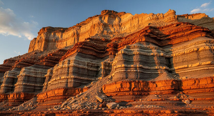 Striking geological formation with layers of rock and vibrant colors at sunset