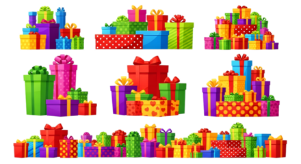 Vibrant and colorful gift boxes stacked in festive arrangements
