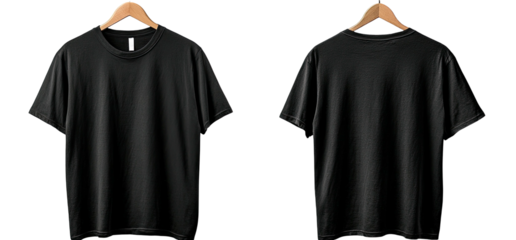 Black tee shirt on hangers, front and back view isolated