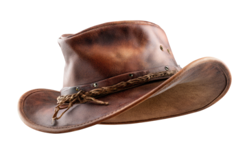 Worn leather cowboy hat with braided trim