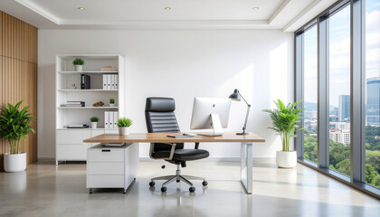 Modern, minimalist workspace featuring a sleek desk, black leather chair, desktop computer, and large window overlooking a cityscape, emphasizing bright, professional design.