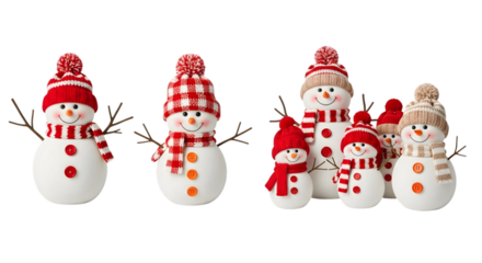 A group of charming snowmen figures wearing knitted hats and scarves, isolated on a transparent background