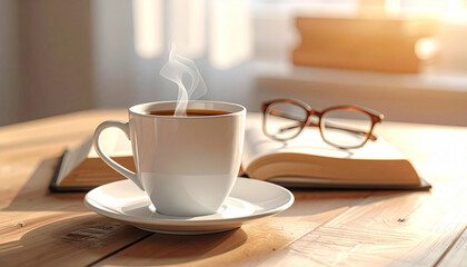 A steaming cup of coffee sits beside a book and glasses on a wooden table.