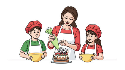 Baking Family Moment: A heartwarming moment unfolds as a mother and her children gather, working together to decorate a beautiful, freshly baked cake, embodying the joy of family and shared creation.