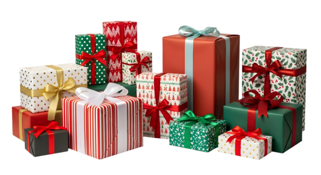 A large collection of assorted christmas gift boxes with festive wrapping paper and ribbons