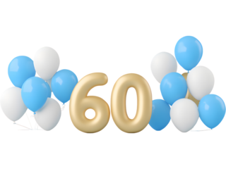 Golden 60 balloons with blue and white balloon decorations isolated on transparent background, symbolizing celebration and joy.