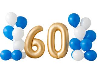 Golden 60 balloons with blue and white balloon decorations isolated on transparent background, symbolizing celebration and joy.