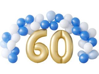 Golden 60 balloons with blue and white balloon decorations isolated on transparent background, symbolizing celebration and joy.