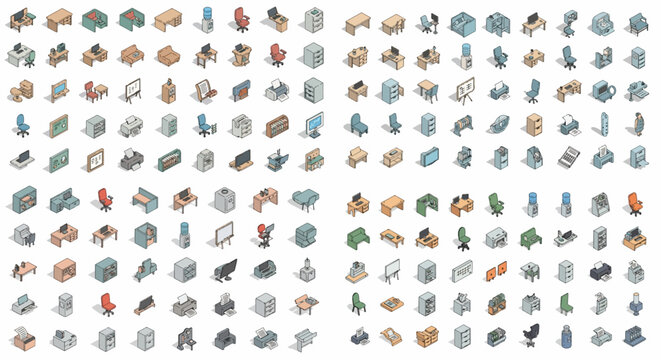 Office furniture and equipment isometric set