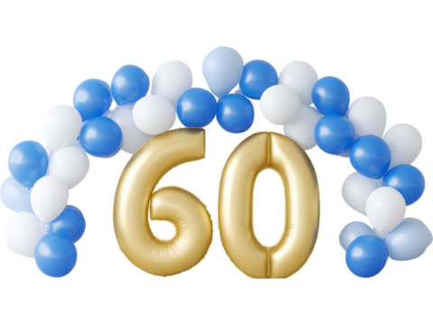 Golden 60 balloons with blue and white balloon decorations isolated on transparent background, symbolizing celebration and joy.