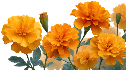 marigold flowers on transparent background, vibrant yellow and orange blooms