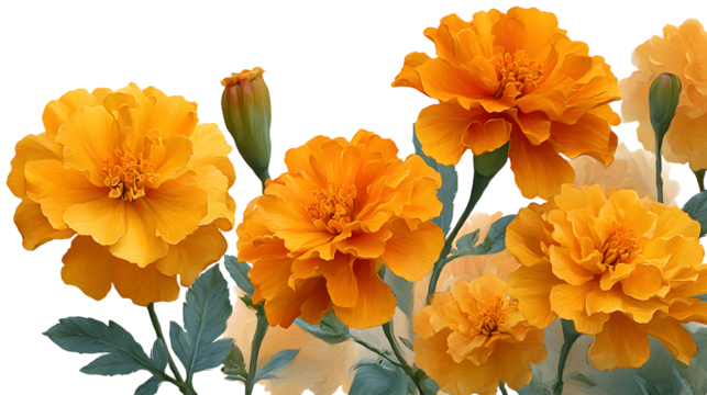 marigold flowers on transparent background, vibrant yellow and orange blooms