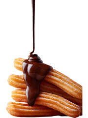 Traditional churros topped with dripping chocolate sauce isolated on transparent background, perfect for dessert designs.