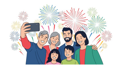 Family Selfie Under Fireworks: A close-knit family, beaming with happiness, gathers together, capturing a selfie against a backdrop of colorful, vibrant fireworks.