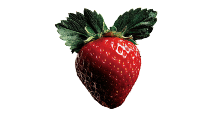 Bright red strawberry with dark green leaves atop