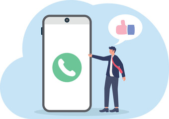  concept of The salesman representative talks the phone, giving a thumbs up positive feedback
