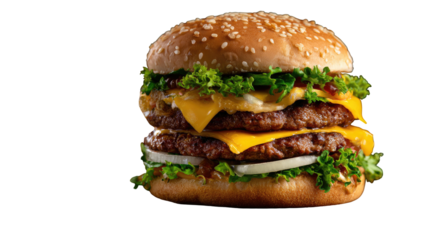 Stacked double cheeseburger with toppings, dark background