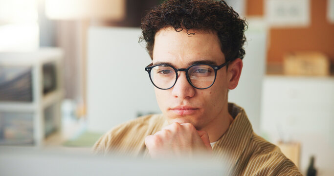 Computer, thinking or man in office for asset management, market research or monitor performance. Tech reflection, review or portfolio manager with investment idea for return increase, audit or plan