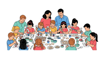 Creative Cookie Decorating : A gathering of kids and their parents focused on the joy of decorating cookies, creating a sweet and festive atmosphere.