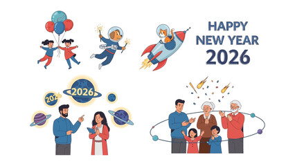 New Year Celebration 2026: A cheerful collection of illustrations celebrating the upcoming new year 2026, featuring festive imagery and joyful people.