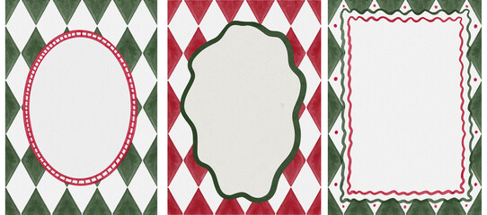 Festive Christmas template set red green watercolor diamond backgrounds and decorative wavy frames. Use for holiday invitations, cards, posters, banners and festive stationery.