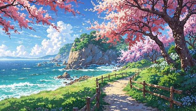 Vibrant anime landscape of a coastal path lined with cherry blossoms overlooking a turquoise ocean and rocky cliffs under a blue sky. - Powered by Adobe