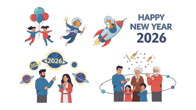 New Year Celebration 2026: A cheerful collection of illustrations celebrating the upcoming new year 2026, featuring festive imagery and joyful people.