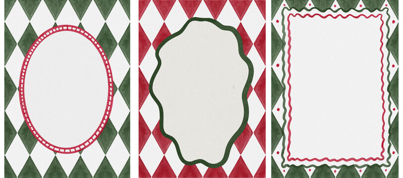 Festive Christmas template set red green watercolor diamond backgrounds and decorative wavy frames. Use for holiday invitations, cards, posters, banners and festive stationery.