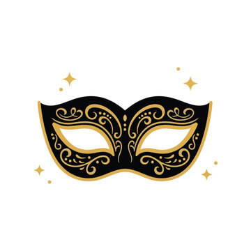 Elegant black and gold masquerade mask with stars and confetti isolated isolated on white background, Vector
