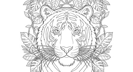 Fototapeta premium Tiger surrounded by foliage, detailed animal illustration for coloring pages